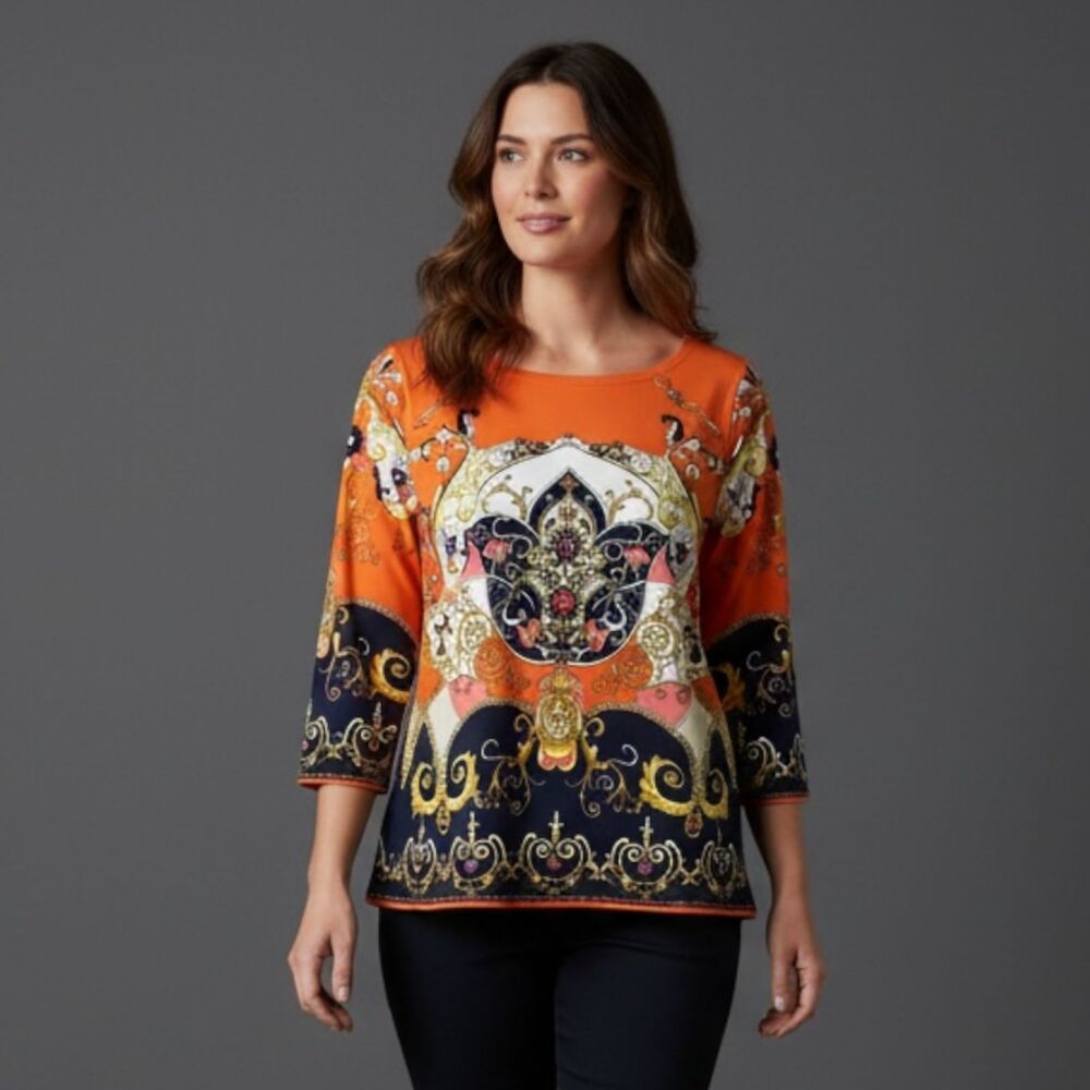 Vtg Talbots Top Womens M Orange Boho Preppy Old Money Baroque 3/4 Sleeve Shirt